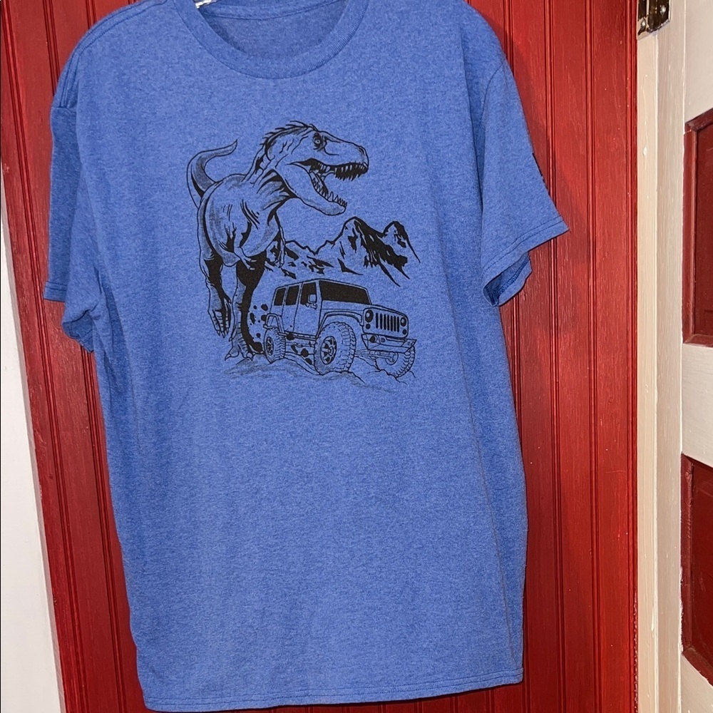 Blue T-Shirt with Dinosaur T-Rex and Jeep Graphic L - Picture 2 of 5